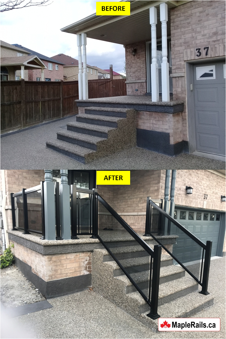 Maple-CLASSIC Series BLACK Tinted Grey Glass Railing Installation on Porch & Stairs (Brantford, ON)