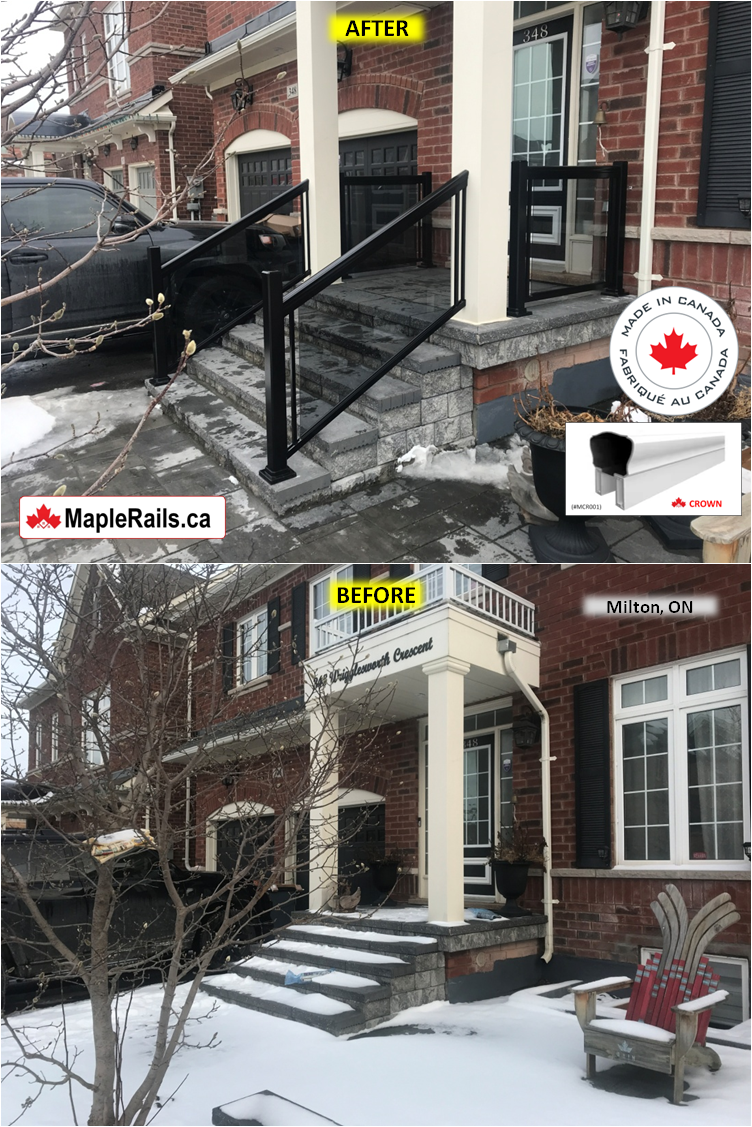 Maple-CROWN Series [BLACK] Tinted Grey Glass Railing Installation on Porch & Stairs (Milton, ON)