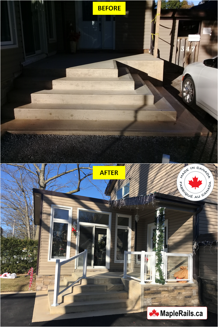 Maple-CROWN Series [WHITE] Clear Glass Railing Installation on Porch & Stairs (Burlington, ON)
