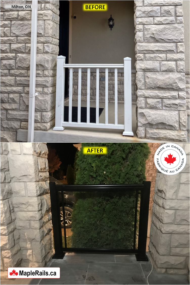 Maple-STANDARD Series [BLACK] Tinted Grey Glass Railing Installation on Porch (Milton, ON)