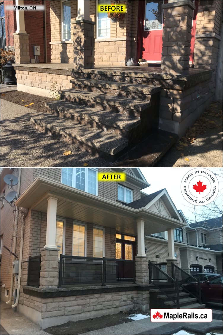 Maple-STANDARD Series [COMMERCIAL BROWN] Tinted Grey Glass Railing Installation on Porch & Stairs (Milton, ON)