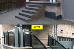 Maple-CLASSIC Series BLACK Tinted Grey Glass Railing Installation on Porch & Stairs (Brantford, ON)