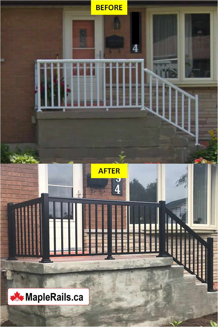 BLACK Maple STANDARD Series - Custom Aluminum Railing Installation along with Stairs & Porch Renovation (Burlington, ON)
