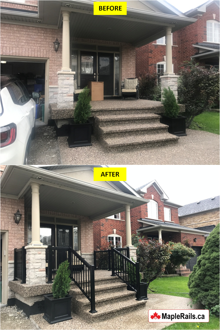 Maple-RENAISSANCE Series - BLACK - Spindles Railing Installation on Porch & Stairs (Milton, ON)