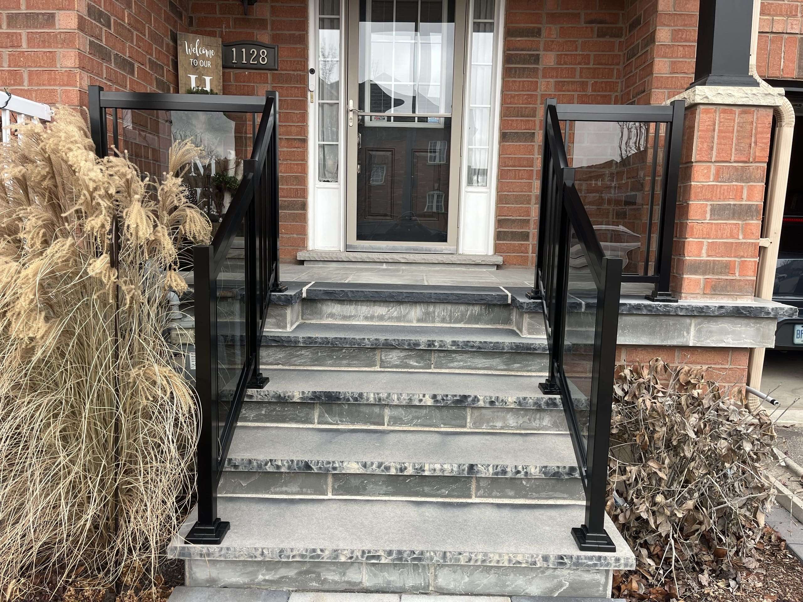 Clear Glass Porch Stair Railings Installation on Natural Stones BLACK Milton-ON