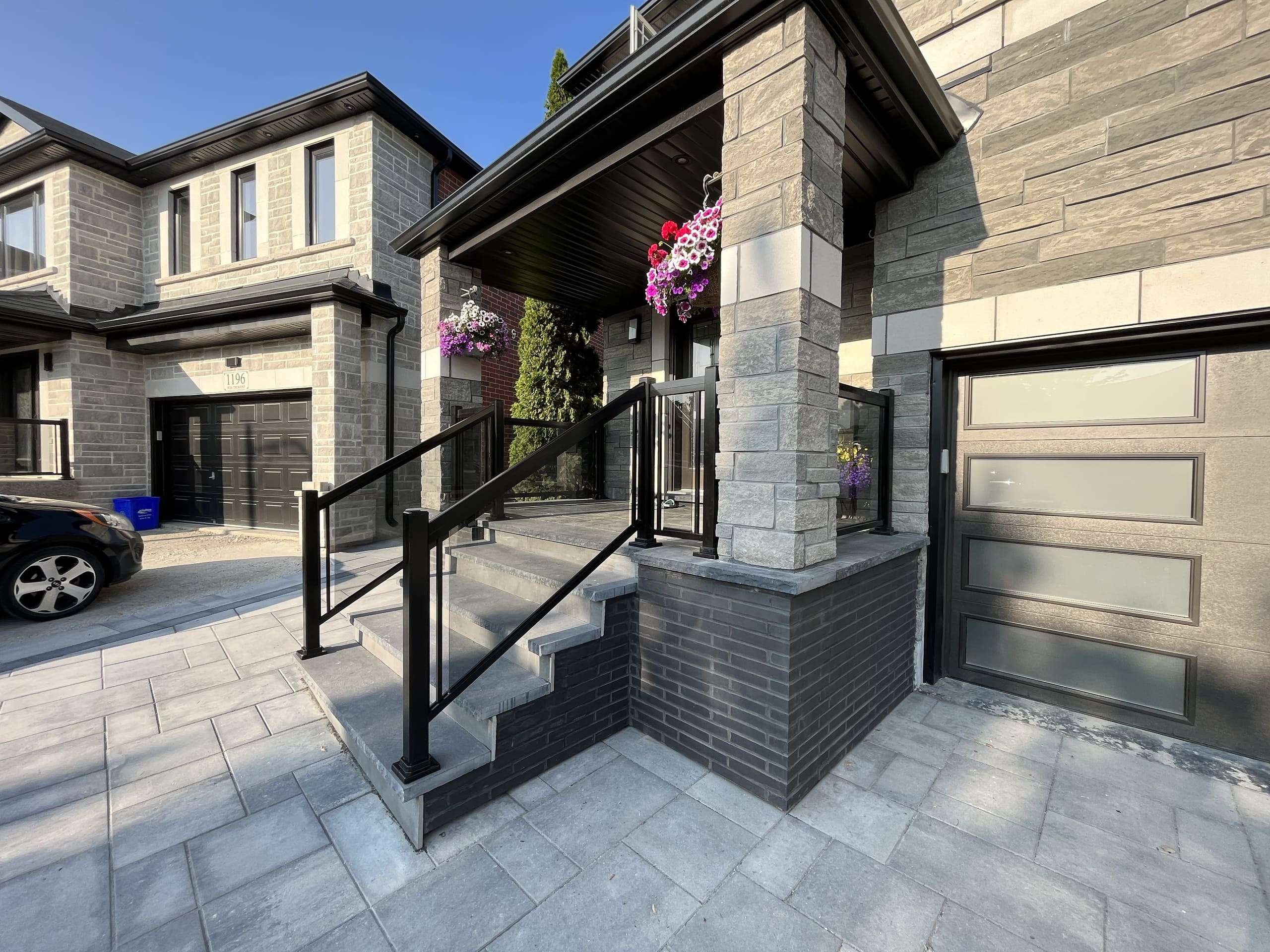 Glass Porch Stair Railings Installation Tinted Grey Natural Stone BLACK Milton-ON