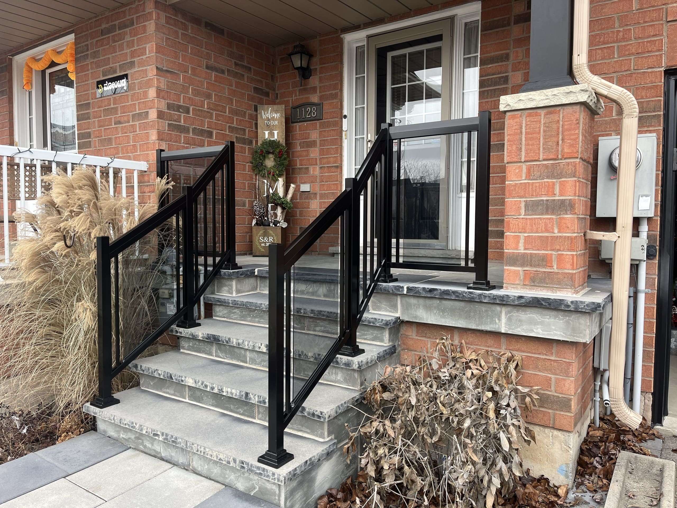 Porch Stair Railings Installation on Natural Stones Clear Glass BLACK Milton-ON