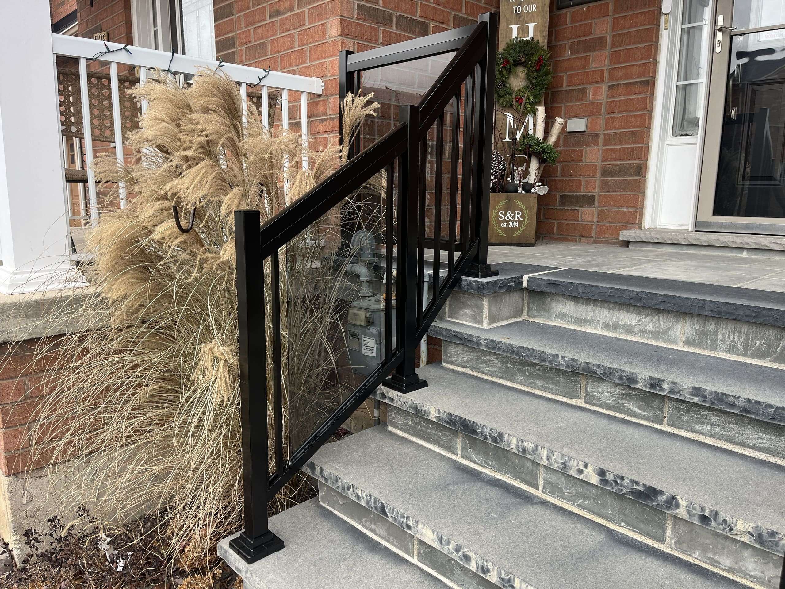Porch Stair Railings Installation on Natural Stones Pickets Clear Glass BLACK Milton-ON