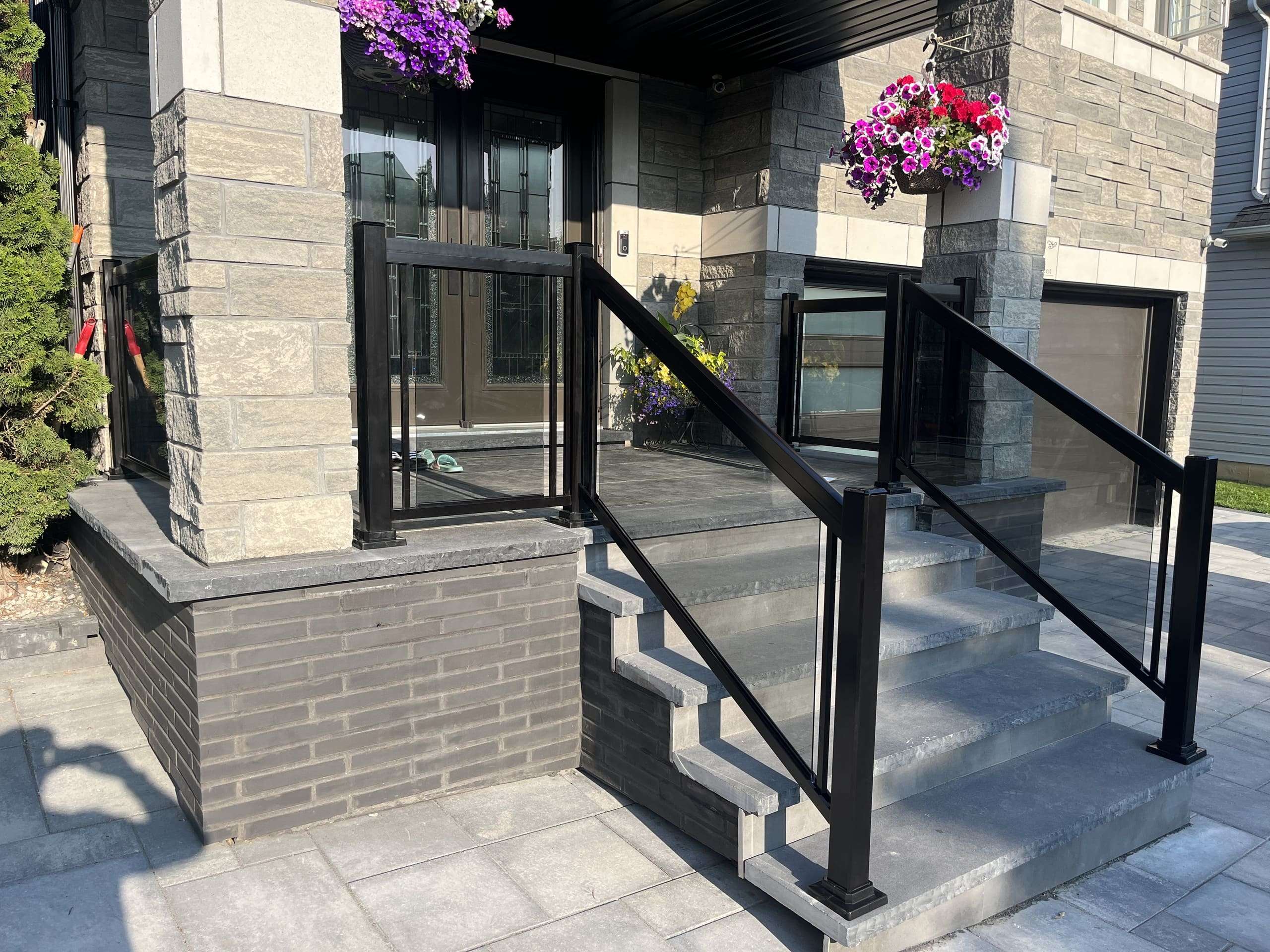 Tinted Grey Glass Porch Stair Railings Installation Natural Stones BLACK Milton-ON