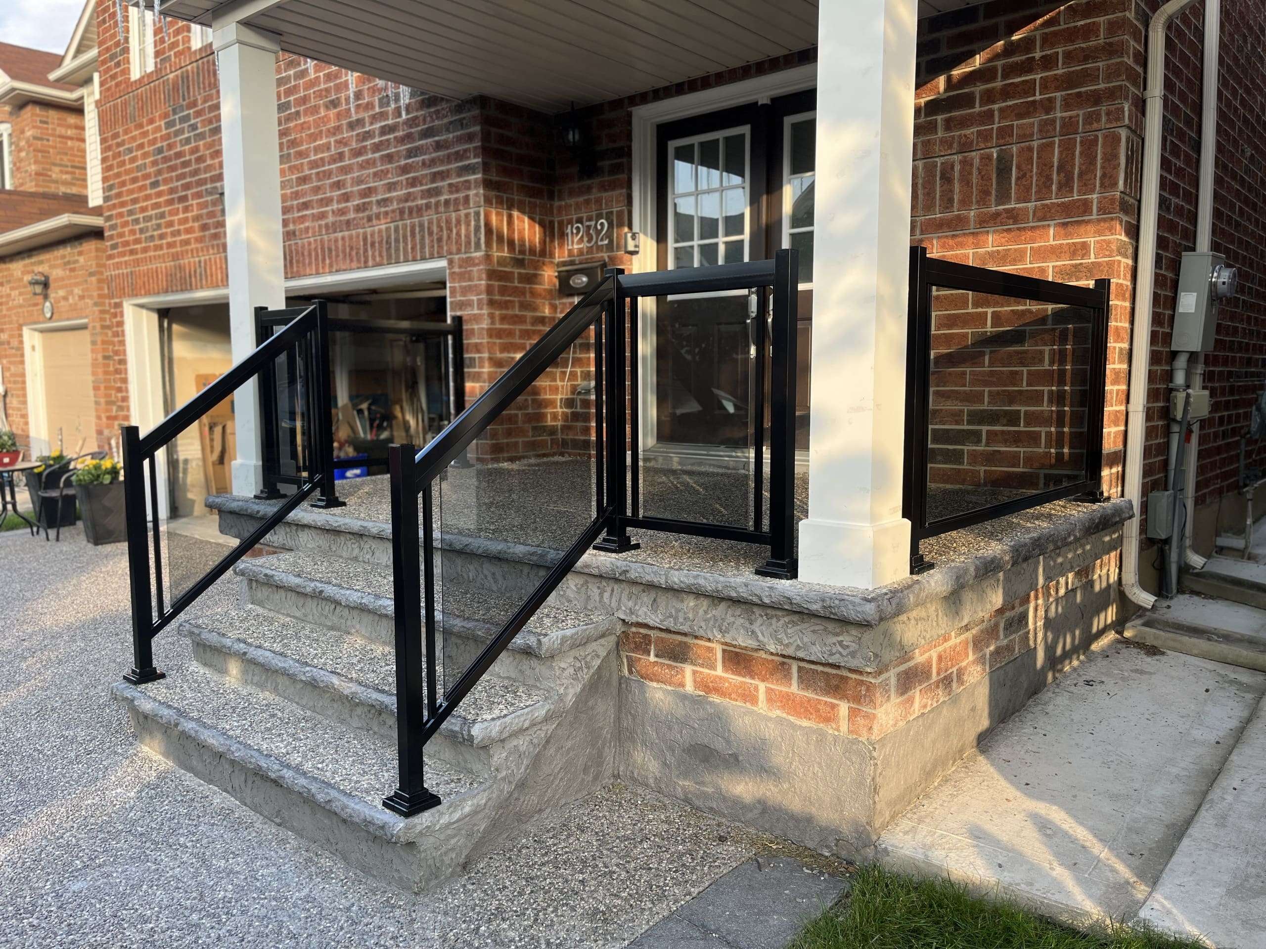 Tinted Grey Glass Porch Stairs Railing Installation Milton-ON BLACK