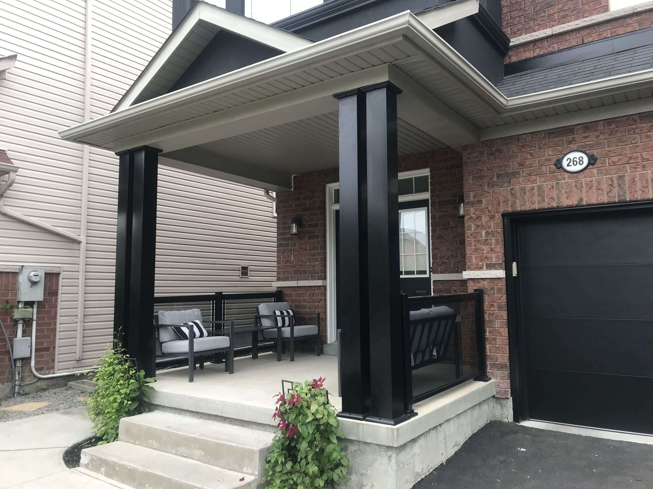 BLACK Twin Aluminum Columns & Porch Railings with Tinted Glass Installation (Milton, ON)