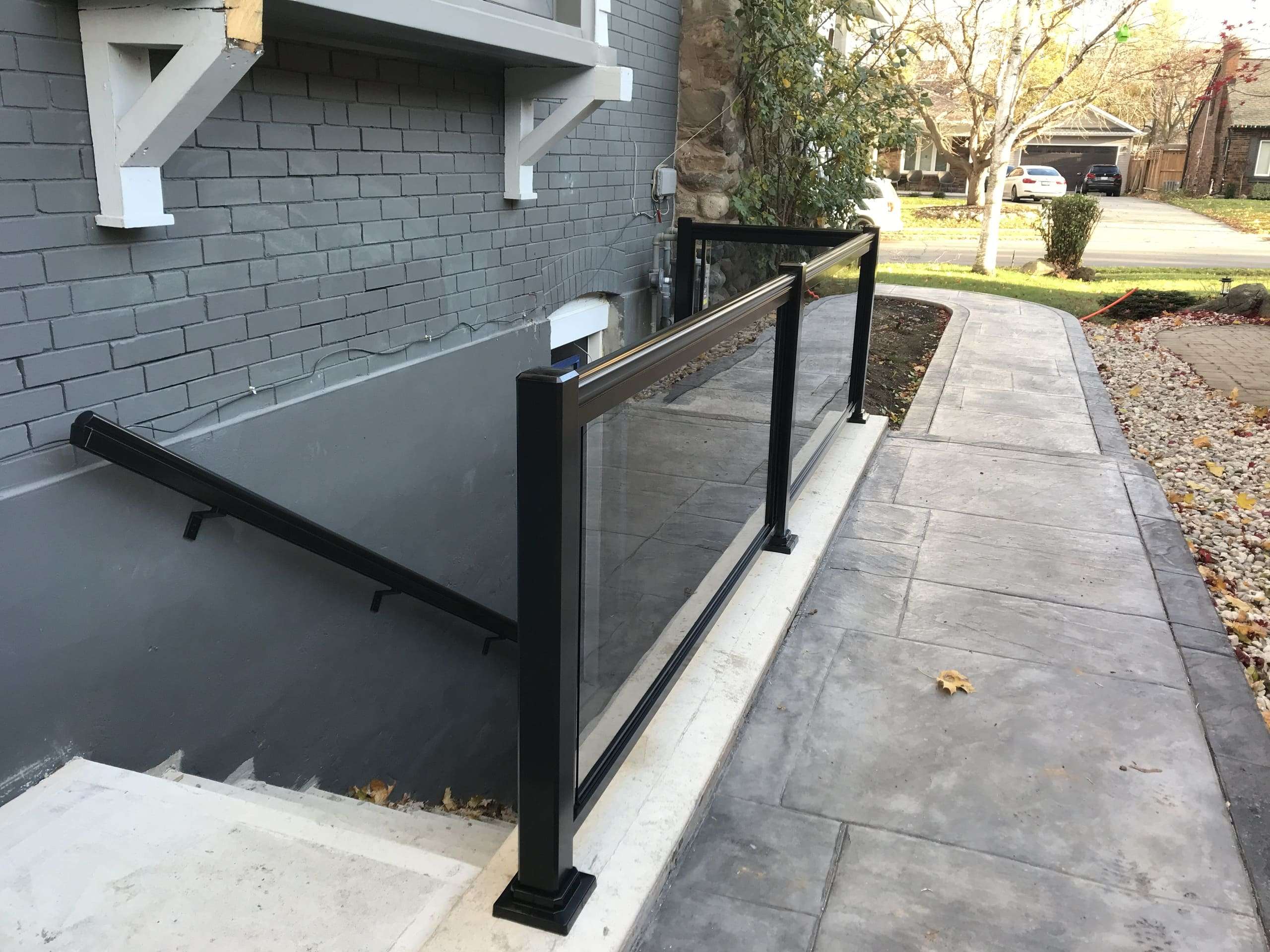 BLACK Walkout Basement Railing System with Tinted Grey Glass Installation (Milton, ON)