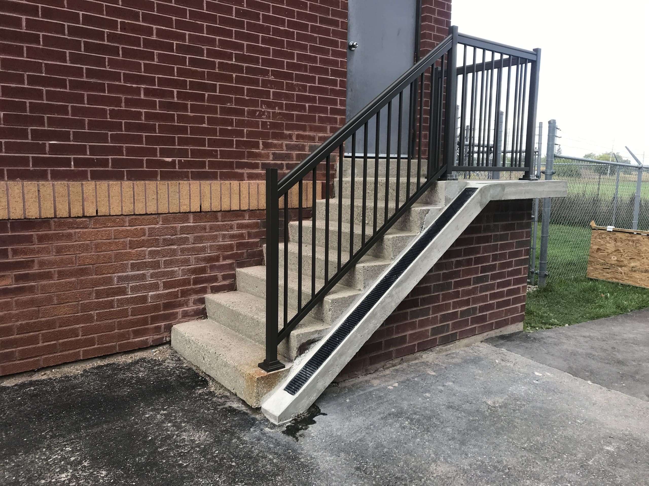 Concrete Water Channel & GREY Aluminum Railings Installation on Stair (Acton, ON)